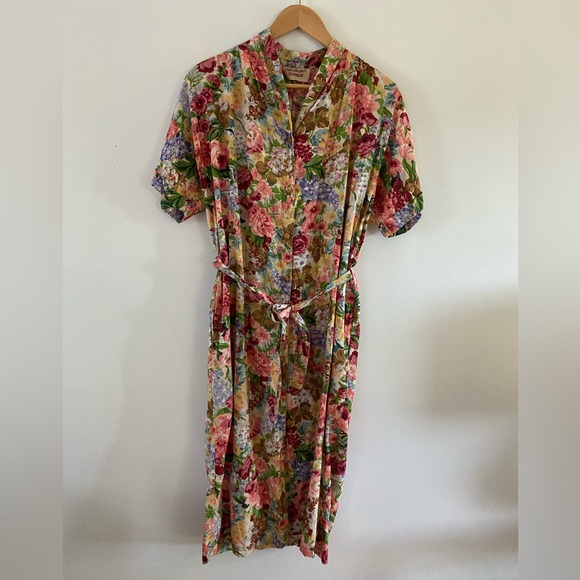 Vintage Dresses & Skirts - SOLD ELSEWHERE - 80s/90s floral earthy midi shirt dress w/ waist tie - S-L